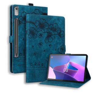 For Lenovo Tab P12 12.7 Cartoon Sakura Cat Embossed Leather Tablet Case(Blue)