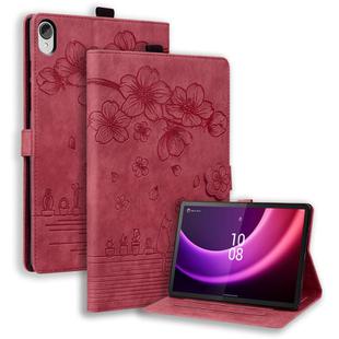 For Lenovo Tab P11 TB-J606F Cartoon Sakura Cat Embossed Leather Tablet Case(Red)