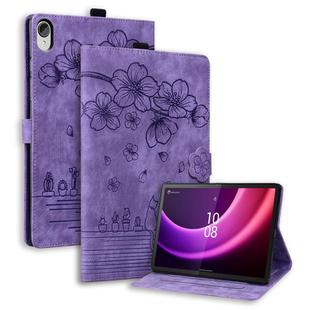For Lenovo Tab P11 TB-J606F Cartoon Sakura Cat Embossed Leather Tablet Case(Purple)