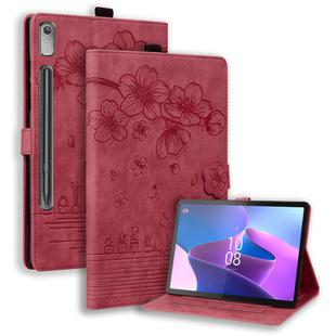 For Lenovo Xiaoxin Pad Pro 2022 / P11 Pro 2 Cartoon Sakura Cat Embossed Leather Tablet Case(Red)