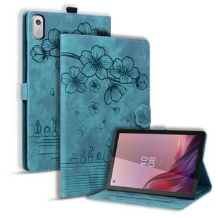 For Lenovo Tab M9 Cartoon Sakura Cat Embossed Leather Tablet Case(Green)