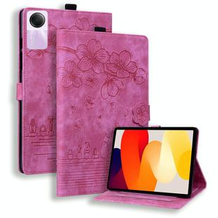 For Xiaomi Redmi Pad SE Cartoon Sakura Cat Embossed Leather Tablet Case(Rose Red)