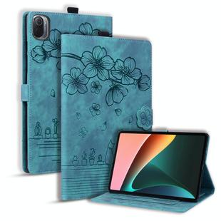 For Xiaomi Pad 5 / 5 Pro Cartoon Sakura Cat Embossed Leather Tablet Case(Green)