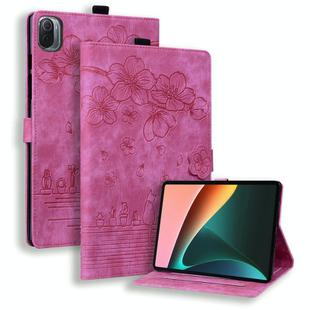 For Xiaomi Pad 5 / 5 Pro Cartoon Sakura Cat Embossed Leather Tablet Case(Rose Red)