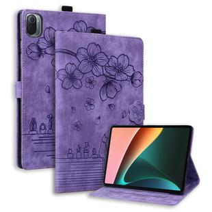 For Xiaomi Pad 5 / 5 Pro Cartoon Sakura Cat Embossed Leather Tablet Case(Purple)