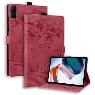 For Xiaomi Redmi Pad 10.61 2022 Cartoon Sakura Cat Embossed Leather Tablet Case(Red)
