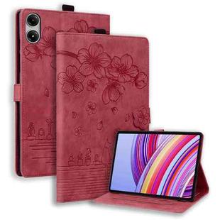 For Xiaomi Redmi Pad Pro 12.1 Cartoon Sakura Cat Embossed Leather Tablet Case(Red)