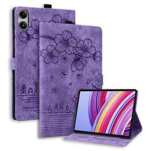 For Xiaomi Redmi Pad Pro 12.1 Cartoon Sakura Cat Embossed Leather Tablet Case(Purple)