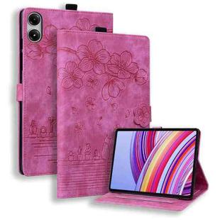 For Xiaomi Redmi Pad SE 11 2025 Cartoon Sakura Cat Embossed Leather Tablet Case(Rose Red)