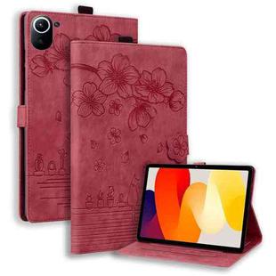 For Xiaomi Redmi Pad 8.8 2025 Cartoon Sakura Cat Embossed Leather Tablet Case(Red)