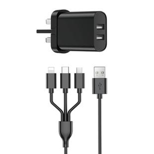 WIWU Wi-U003 Quick Series Dual USB Charger with 3 in 1 USB Charging Data Cable Set, UK Plug(Black)