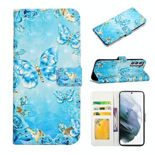 For Samsung Galaxy S21 5G Oil Embossed 3D Drawing Leather Phone Case(Blue Butterflies)