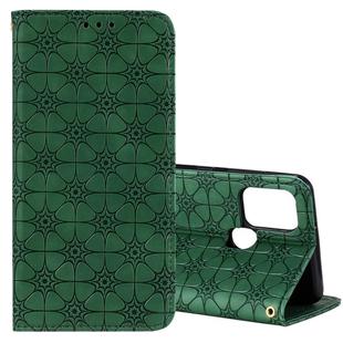 For Samsung Galaxy A21s Lucky Flowers Embossing Pattern Magnetic Horizontal Flip Leather Case with Holder & Card Slots(Dark Green)