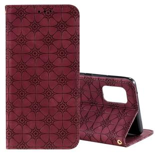 For Samsung Galaxy A71 5G Lucky Flowers Embossing Pattern Magnetic Horizontal Flip Leather Case with Holder & Card Slots(Wine Red)
