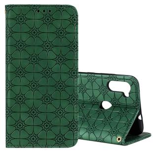 For Samsung Galaxy A11 / M11 Lucky Flowers Embossing Pattern Magnetic Horizontal Flip Leather Case with Holder & Card Slots(Dark Green)