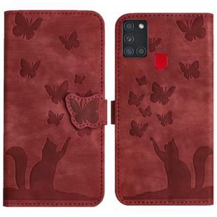 For Samsung Galaxy A21s Butterfly Cat Embossing Flip Leather Phone Case(Red)