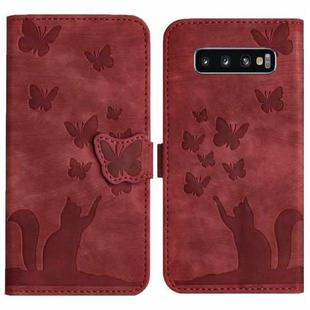 For Samsung Galaxy S10 Butterfly Cat Embossing Flip Leather Phone Case(Red)