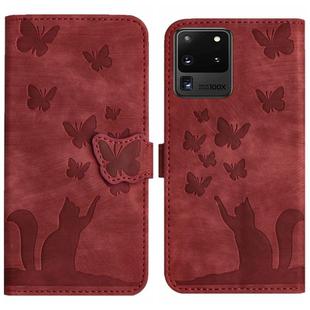 For Samsung Galaxy S20 Ultra Butterfly Cat Embossing Flip Leather Phone Case(Red)