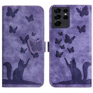 For Samsung Galaxy S21 Ultra 5G Butterfly Cat Embossing Flip Leather Phone Case(Purple)