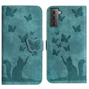 For Samsung Galaxy S22 5G Butterfly Cat Embossing Flip Leather Phone Case(Wathet)