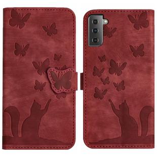 For Samsung Galaxy S22+ 5G Butterfly Cat Embossing Flip Leather Phone Case(Red)