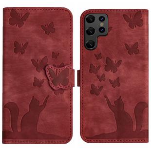 For Samsung Galaxy S22 Ultra 5G Butterfly Cat Embossing Flip Leather Phone Case(Red)