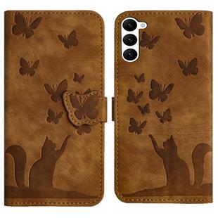 For Samsung Galaxy S23 5G Butterfly Cat Embossing Flip Leather Phone Case(Brown)