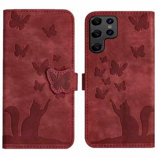For Samsung Galaxy S24 Ultra 5G Butterfly Cat Embossing Flip Leather Phone Case(Red)