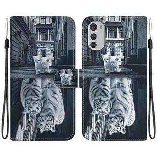 For Motorola Moto E32 Crystal Texture Colored Drawing Leather Phone Case(Cat Tiger Reflection)