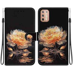 For Motorola Moto G9 Plus Crystal Texture Colored Drawing Leather Phone Case(Gold Peony)