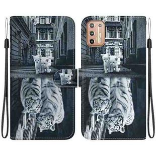 For Motorola Moto G9 Plus Crystal Texture Colored Drawing Leather Phone Case(Cat Tiger Reflection)