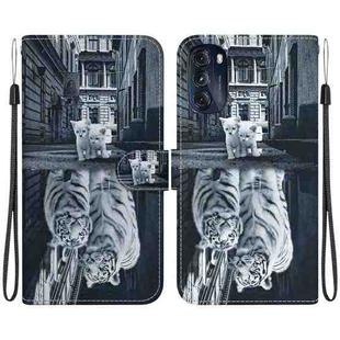 For Motorola Moto G 2022 Crystal Texture Colored Drawing Leather Phone Case(Cat Tiger Reflection)