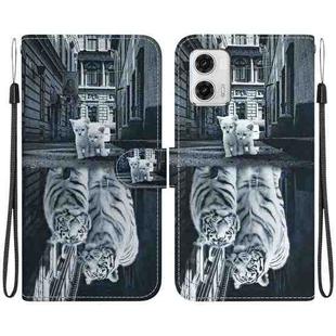 For Motorola Moto G73 Crystal Texture Colored Drawing Leather Phone Case(Cat Tiger Reflection)