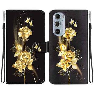 For Motorola Edge+ 2022 Crystal Texture Colored Drawing Leather Phone Case(Gold Butterfly Rose)