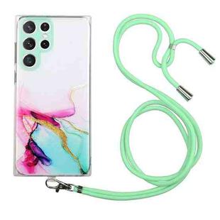 For Samsung Galaxy S24 Ultra 5G Hollow Marble Pattern TPU Shockproof Phone Case with Rope(Green)