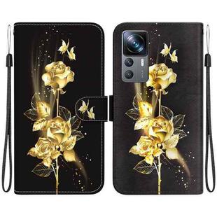 For Xiaomi 12T / 12T Pro Crystal Texture Colored Drawing Leather Phone Case(Gold Butterfly Rose)