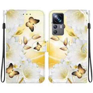 For Xiaomi 12T / 12T Pro Crystal Texture Colored Drawing Leather Phone Case(Gold Butterfly Epiphyllum)