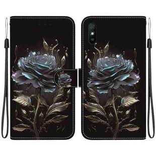 For Xiaomi Redmi 9A Crystal Texture Colored Drawing Leather Phone Case(Black Rose)