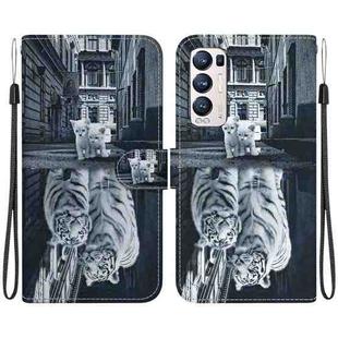 For OPPO Find X3 Neo / Reno5 Pro+ 5G Crystal Texture Colored Drawing Leather Phone Case(Cat Tiger Reflection)