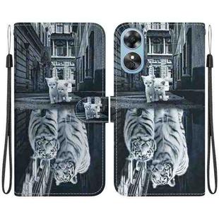 For OPPO A17 / A17K Crystal Texture Colored Drawing Leather Phone Case(Cat Tiger Reflection)