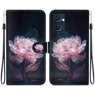 For OPPO Reno7 5G Global Crystal Texture Colored Drawing Leather Phone Case(Purple Peony)