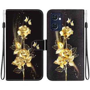 For OPPO Reno7 5G Global Crystal Texture Colored Drawing Leather Phone Case(Gold Butterfly Rose)