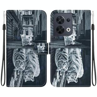 For OPPO Reno8 5G Crystal Texture Colored Drawing Leather Phone Case(Cat Tiger Reflection)