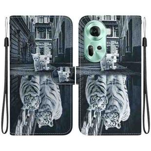 For OPPO Reno11 Global Crystal Texture Colored Drawing Leather Phone Case(Cat Tiger Reflection)