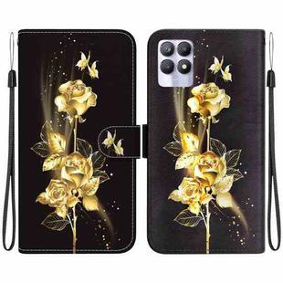 For Realme 8i Crystal Texture Colored Drawing Leather Phone Case(Gold Butterfly Rose)