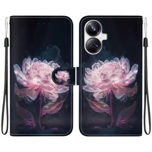 For Realme 10 Pro+ Crystal Texture Colored Drawing Leather Phone Case(Purple Peony)