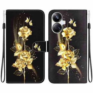 For Realme 10 Pro+ Crystal Texture Colored Drawing Leather Phone Case(Gold Butterfly Rose)