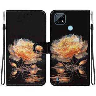 For Realme C21 Crystal Texture Colored Drawing Leather Phone Case(Gold Peony)