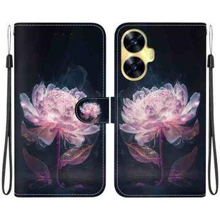 For Realme C55 Crystal Texture Colored Drawing Leather Phone Case(Purple Peony)
