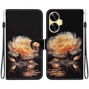 For Realme C55 Crystal Texture Colored Drawing Leather Phone Case(Gold Peony)